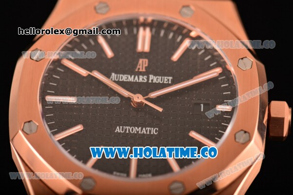 Audemars Piguet Royal Oak 41MM Clone AP Calibre 3120 Automatic Rose Gold Case with Black Dial and Stick Markers - Black Leather Strap (EF) - Click Image to Close